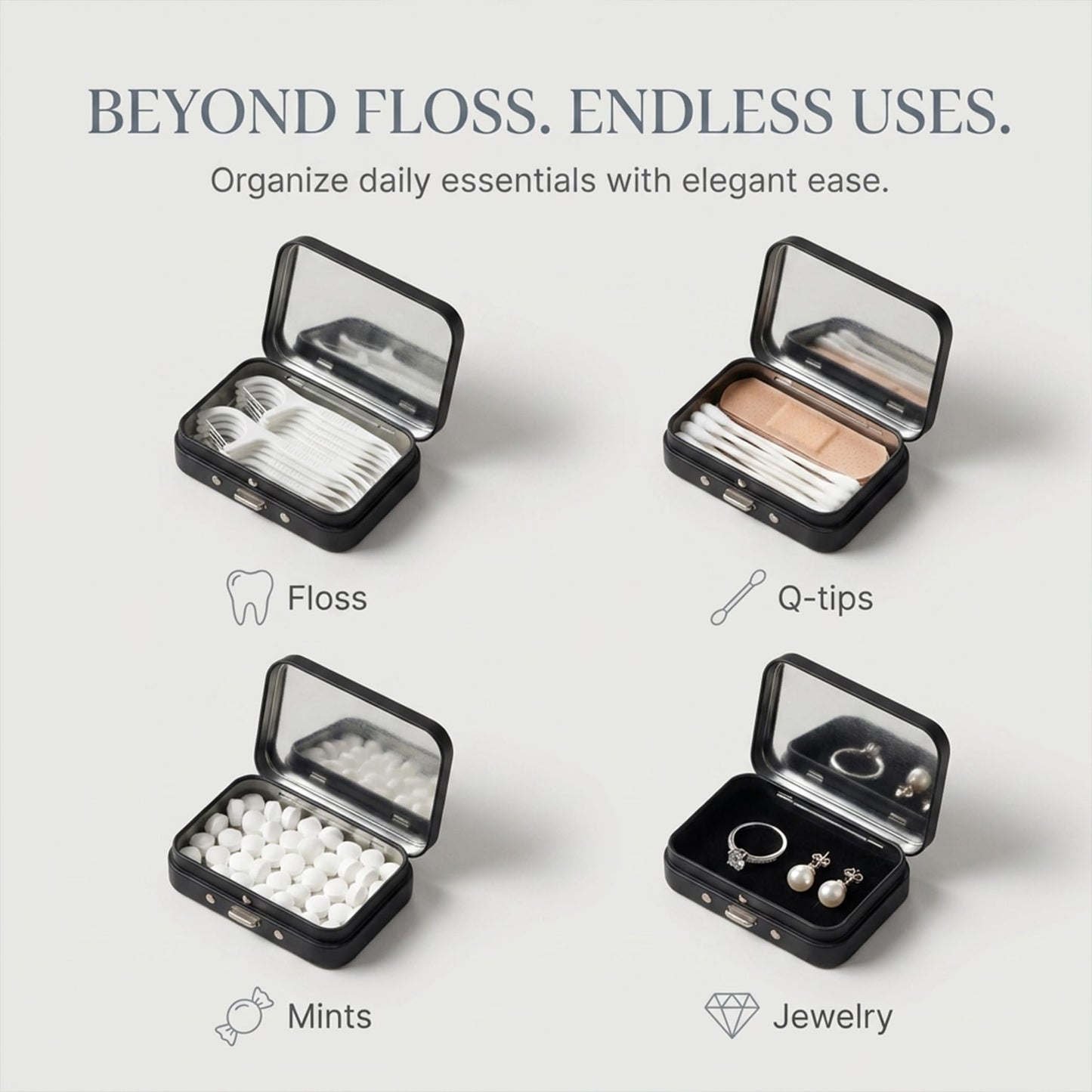 LIGHUFEIC 2Pack Dental Floss Portable Case with Mirror,Refillable Portable Floss Pick Holder Container,Small Floss Dispenser for Travel, Dates,Dinners and Hotels(Black)