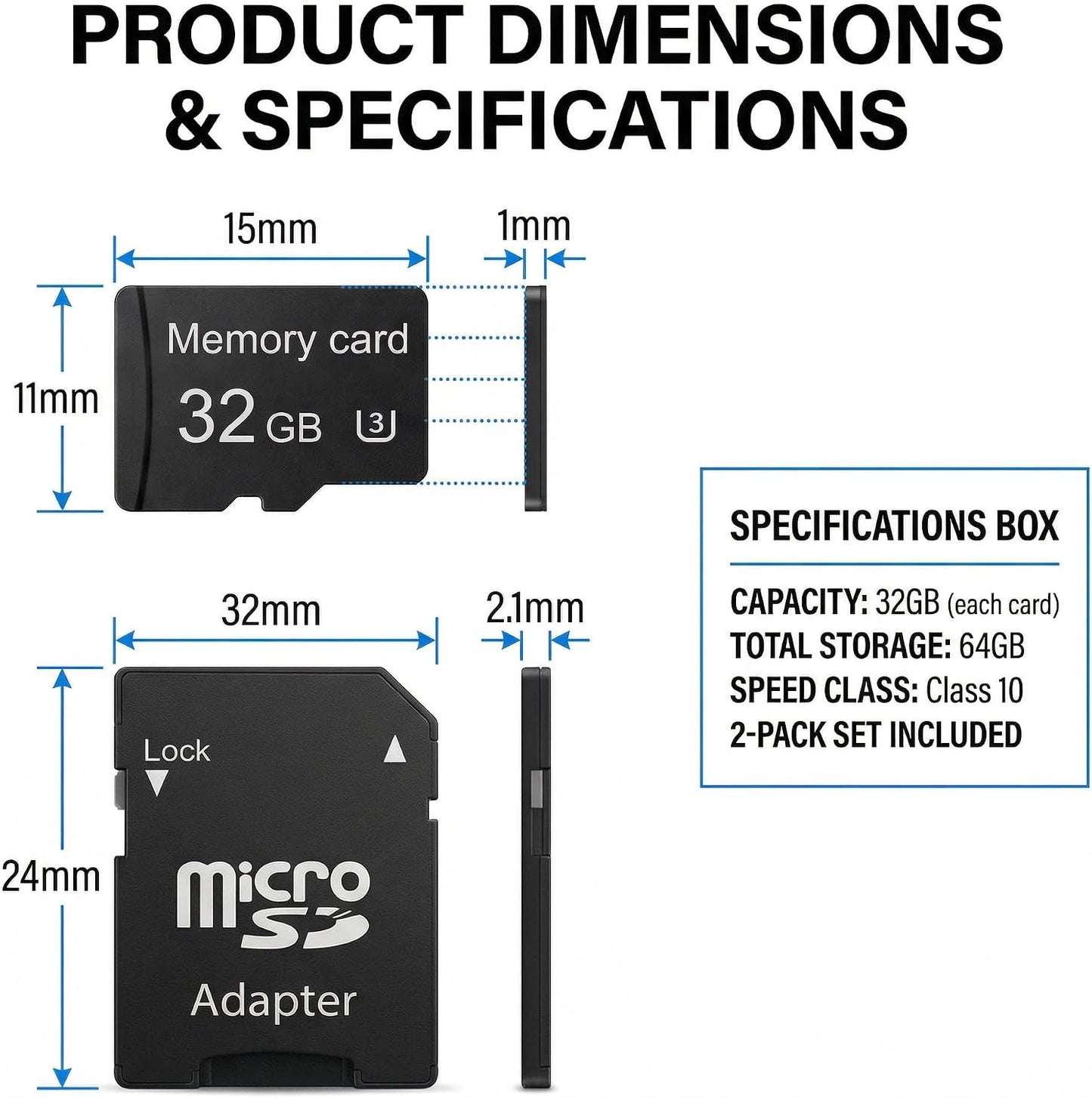 Micro SD Card 1GB Class 10 - High-Speed SDHC Memory Card for Cameras, Dash Cams, MP3s | 2-Pack with Adapter