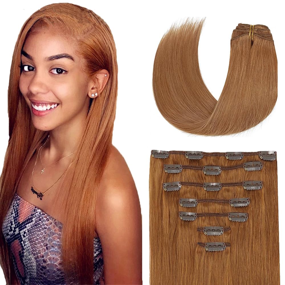 Clip in Hair Extensions Real Human Hair #30 Brown, 14 Inch 120g/7Pcs,Full Shine Remy Human Hair,Light Brown Straight Clip ins Brazilian Virgin Human Hair Extensions