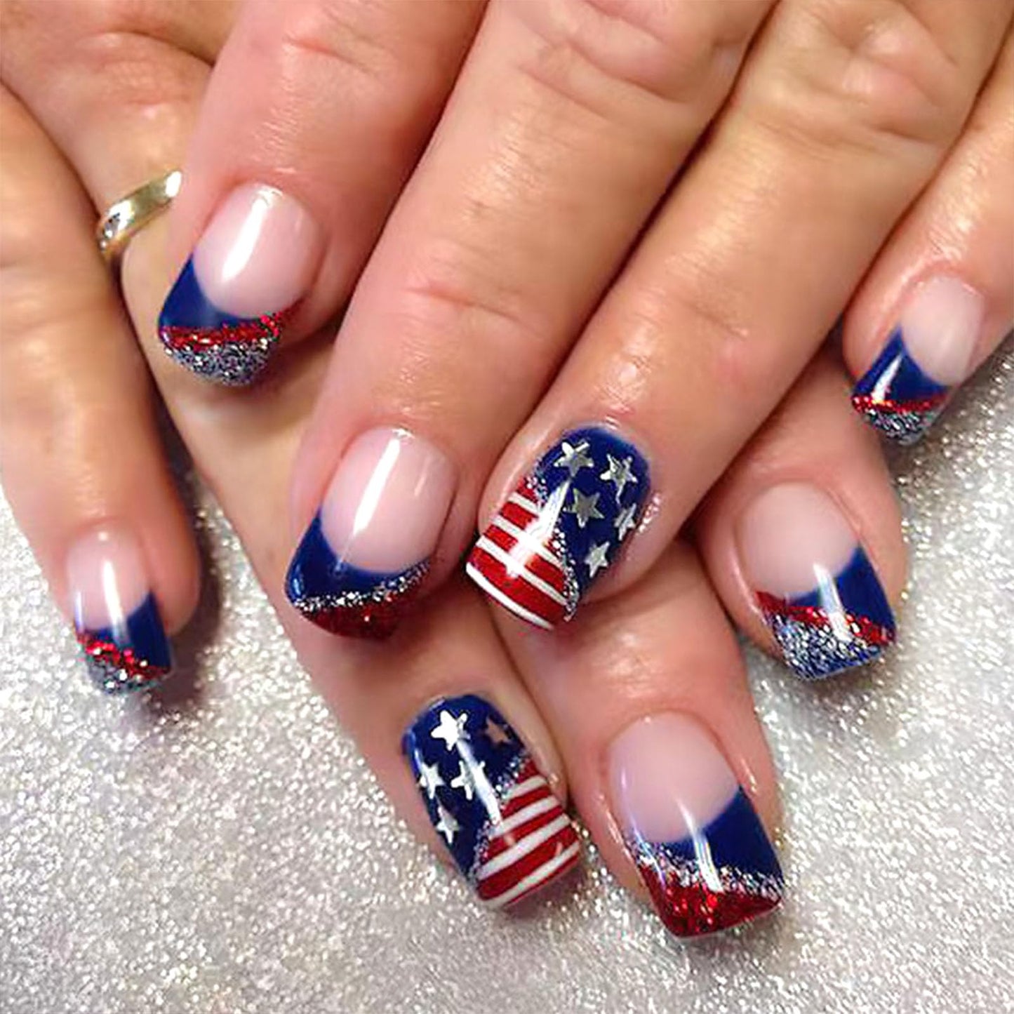4th of July Short Press on Nails Square Red Blue French Tip Fake Nails Press ons Pink Full Cover False Nails White Star Glue on Nails Independence Day Artificial Stick on Nails