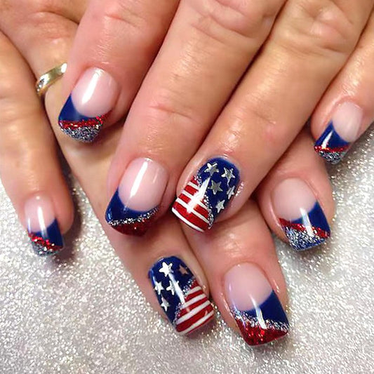 4th of July Short Press on Nails Square Red Blue French Tip Fake Nails Press ons Pink Full Cover False Nails White Star Glue on Nails Independence Day Artificial Stick on Nails