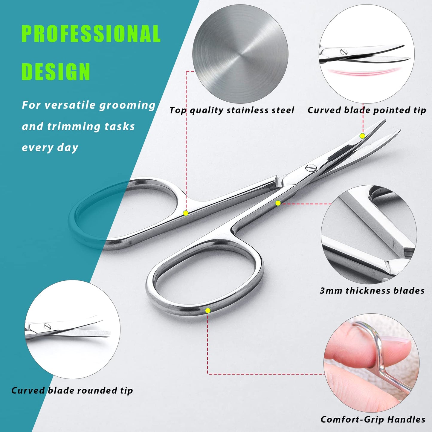 Facial Hair Small Grooming Scissors For Men Women - Eyebrow, Nose Hair, Mustache, Beard, Eyelashes, Ear Trimming Kit - Curved and Rounded Safety Tip Clippers For Hair Cutting 2PCS With Cover Sliver