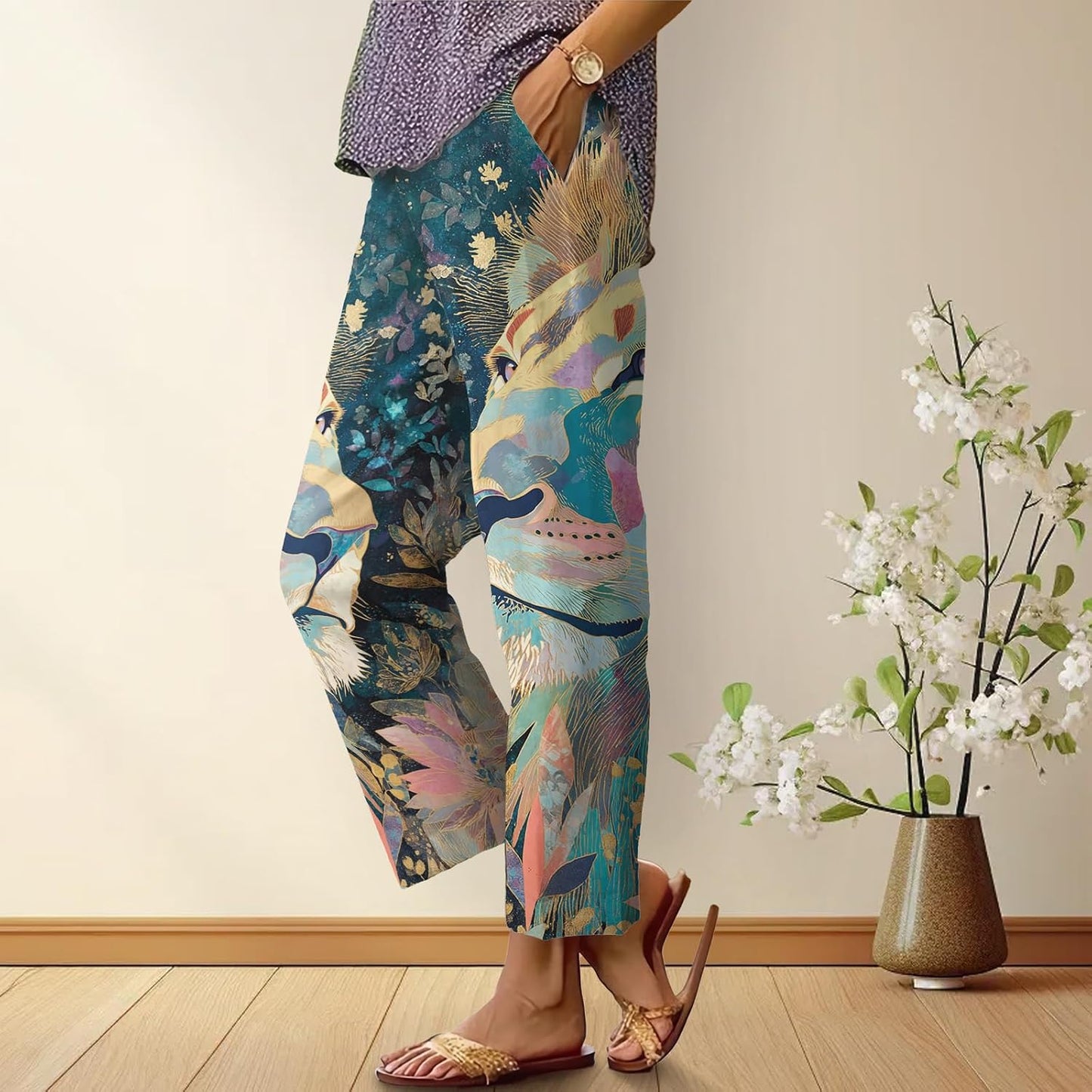 Womens Plus Size Floral Boho Capris - Elastic Waist Beach Trousers | Casual Summer Pants