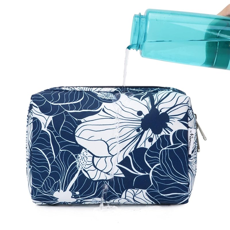 Cute Makeup Bag Organizer - Travel Cosmetic Bag with Compartments for Women | Large Blue Lotus Design