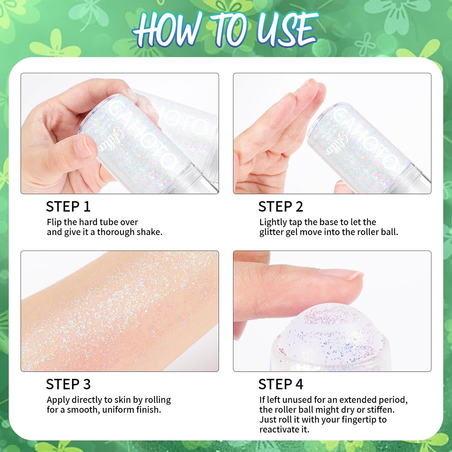 CAHOTO Green Rolling Glitter for Face Body & Hair, Roll-on Sequins for St. Patrick's Day, Sparkling Accessories for Christmas Concert Rave Festival Halloween Party Mardi Gras Carnival, 1.35fl.oz