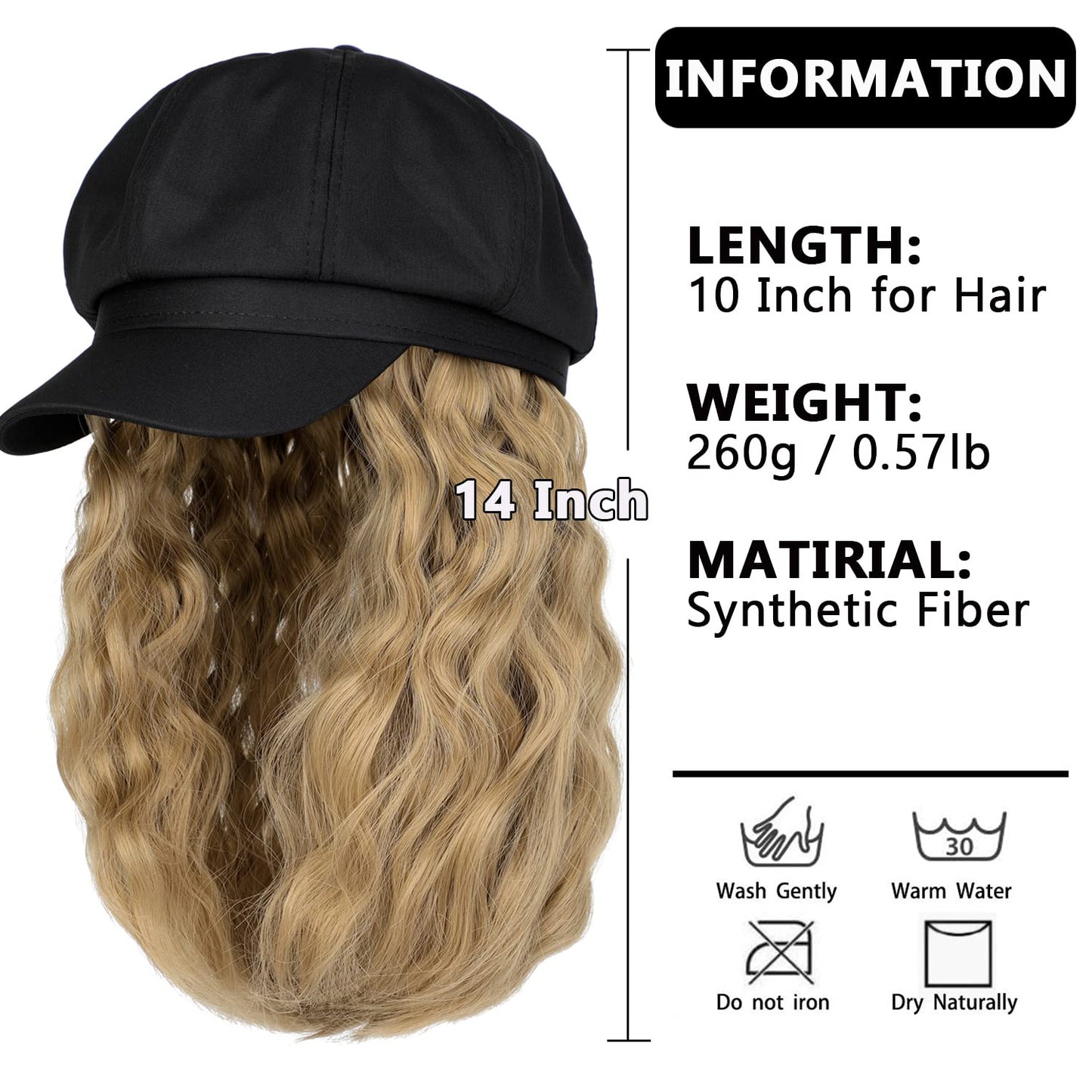 Cephermer Newsboy Cap with 10 Inch Wavy Curly Hair Extensions for Women Hat Attached Synthetic Wig Short Extensions 14 Inch in Length (with Newsboy Cap)