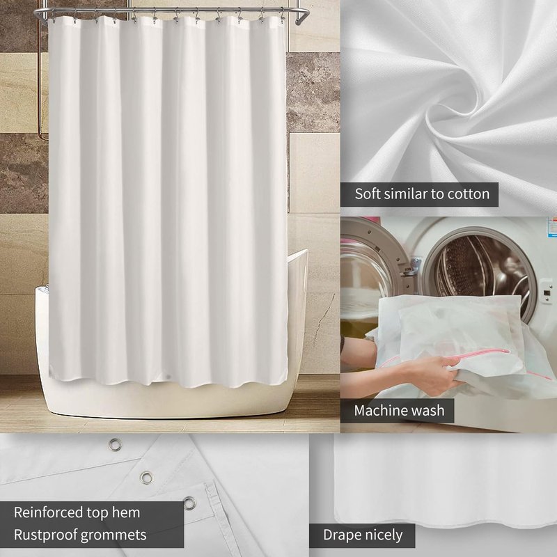 Waterproof Fabric Shower Curtain Liner - Soft Hotel Quality, Lightweight & Machine Washable | Standard Size 72x72, White