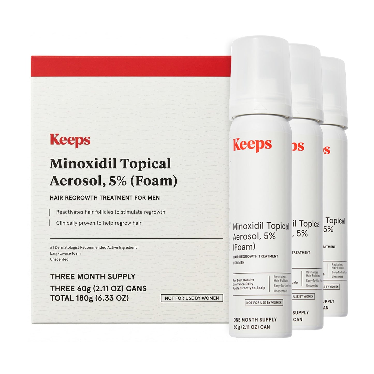 Keeps Minoxidil Solution 5% for Men - Extra Strength Topical Hair Regrowth Treatment - Non-Greasy Scalp Solution - Clinically Proven to Increase Hair Growth - 3 Month Supply (3 x 2 fl oz Bottles)