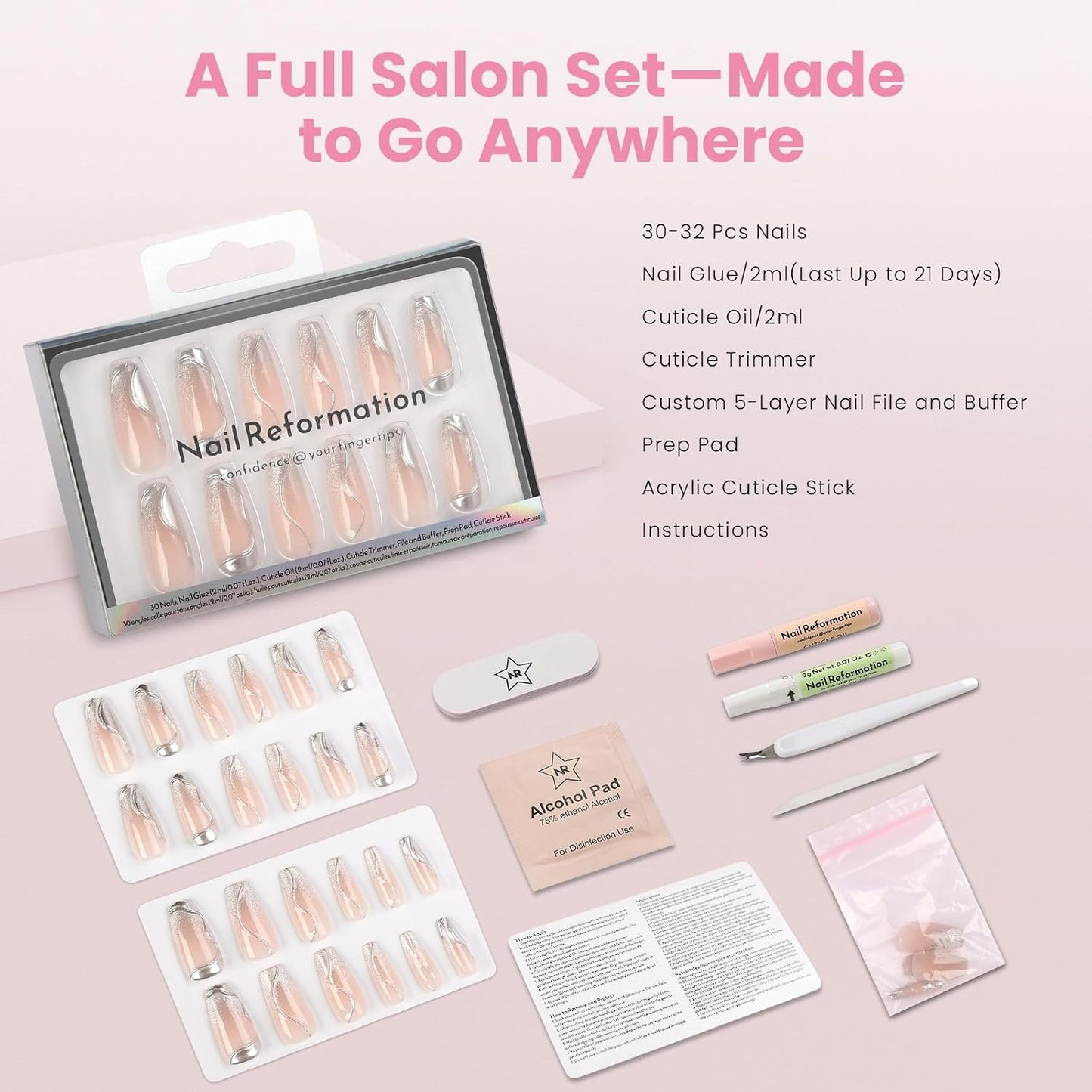Nail Reformation Press On Nails - Pink Long Coffin 3D Metallic Glitter | 30 Reusable Stick-On Nails in 15 Sizes
