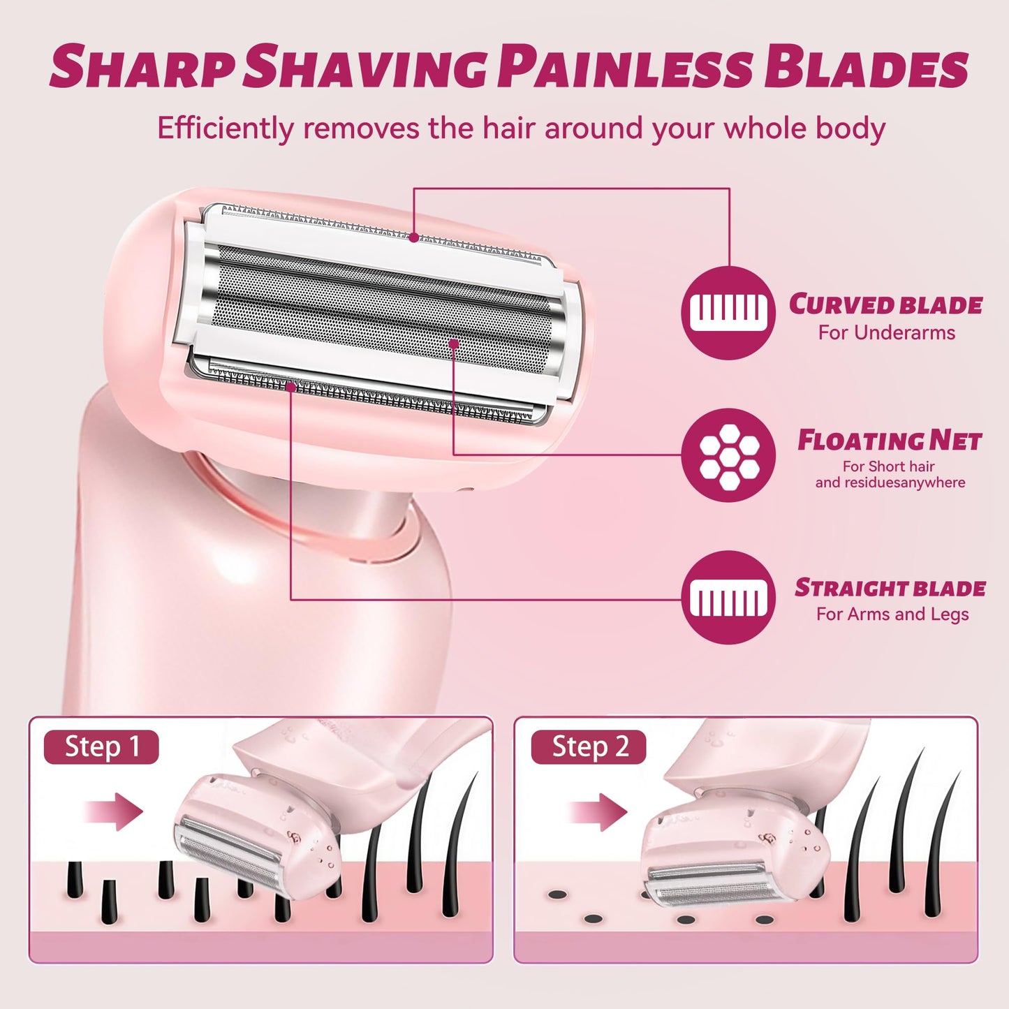 NaTuGi 2 in 1 Electric Shaver for Women Wet Dry Dual Use IPX7 Waterproof with LED Display USB Recharge Dock Dry Use Body Hair Trimmer and Facial Hair Remover for Bikini Underarm Leg Arm Face (Pink)