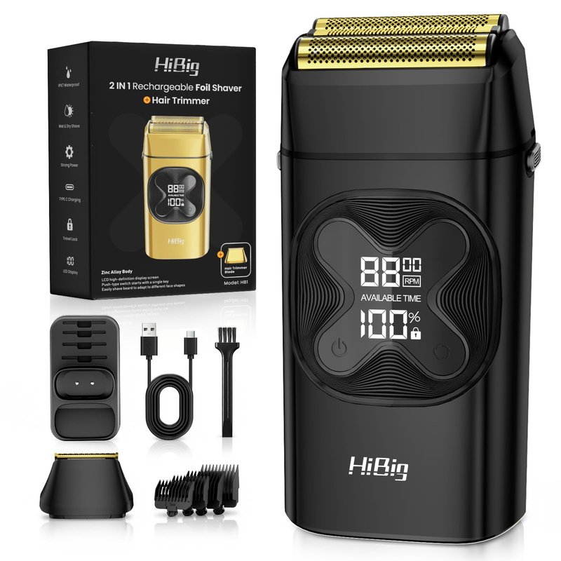 HiBig Professional Double Foil Shavers for Men: 2-in-1 Electric Razor for Men, Portable LED Display Cordless Close Beard Trimmer for Head Beard Neck, Technology & Precision Blades, Obsidian Black