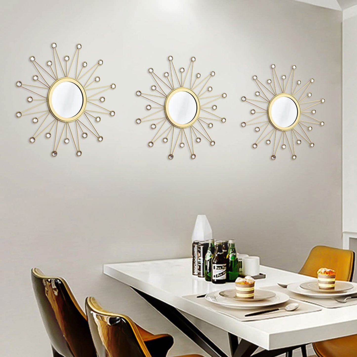 Uaussi 3 Pack Crystal Sunburst Wall Mirror Décor Rhinestone Mirrors Decorative Home Wall Art for Living Room Bedroom Entryway (Triangle Burst Gold)