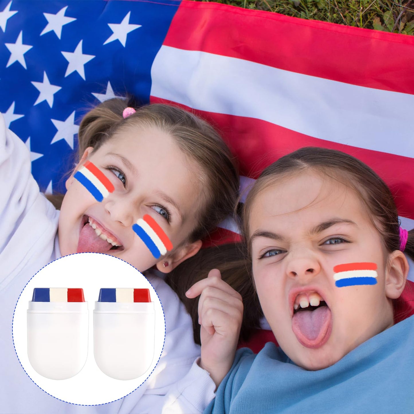 2pcs Patriotic 4th of July Face Paint, Red White & Blue USA American Flag Face Paint Stick Softball Baseball Face Paint Sports Events & Independence Day Stuff for Athletes Men Women Kids