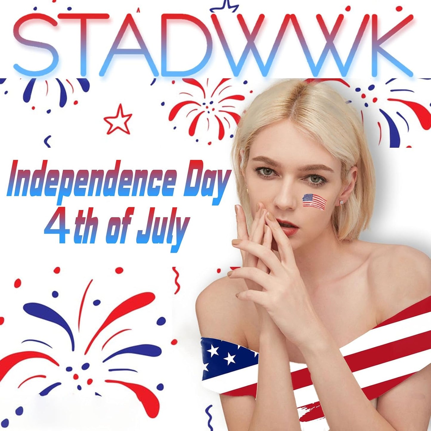 Press On Nails - Medium Square American Flag Glitter Design | 24Pcs Red, Blue & Gold 4th of July Fake Nails