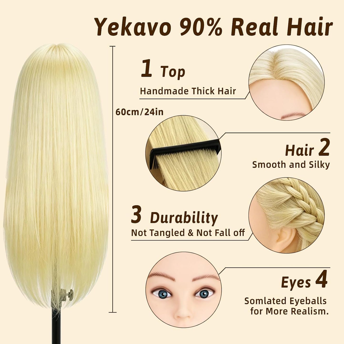 Mannequin Head - 90% Human Hair Styling Head for Cosmetology | 24" Off-White Hairdressing Training Doll with Clamp