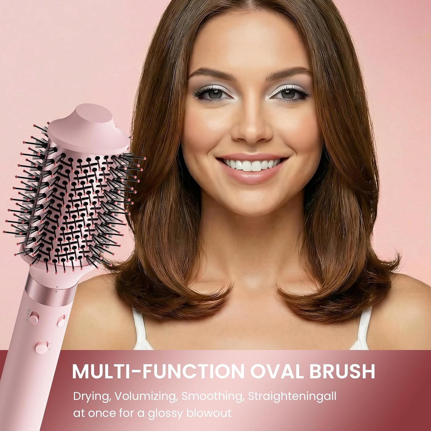 Dual Voltage Hair Dryer Brush - 5 in 1 Hot Air Styler with Auto Wrap Curlers | Fast Drying, Volumizing, Peach Pink