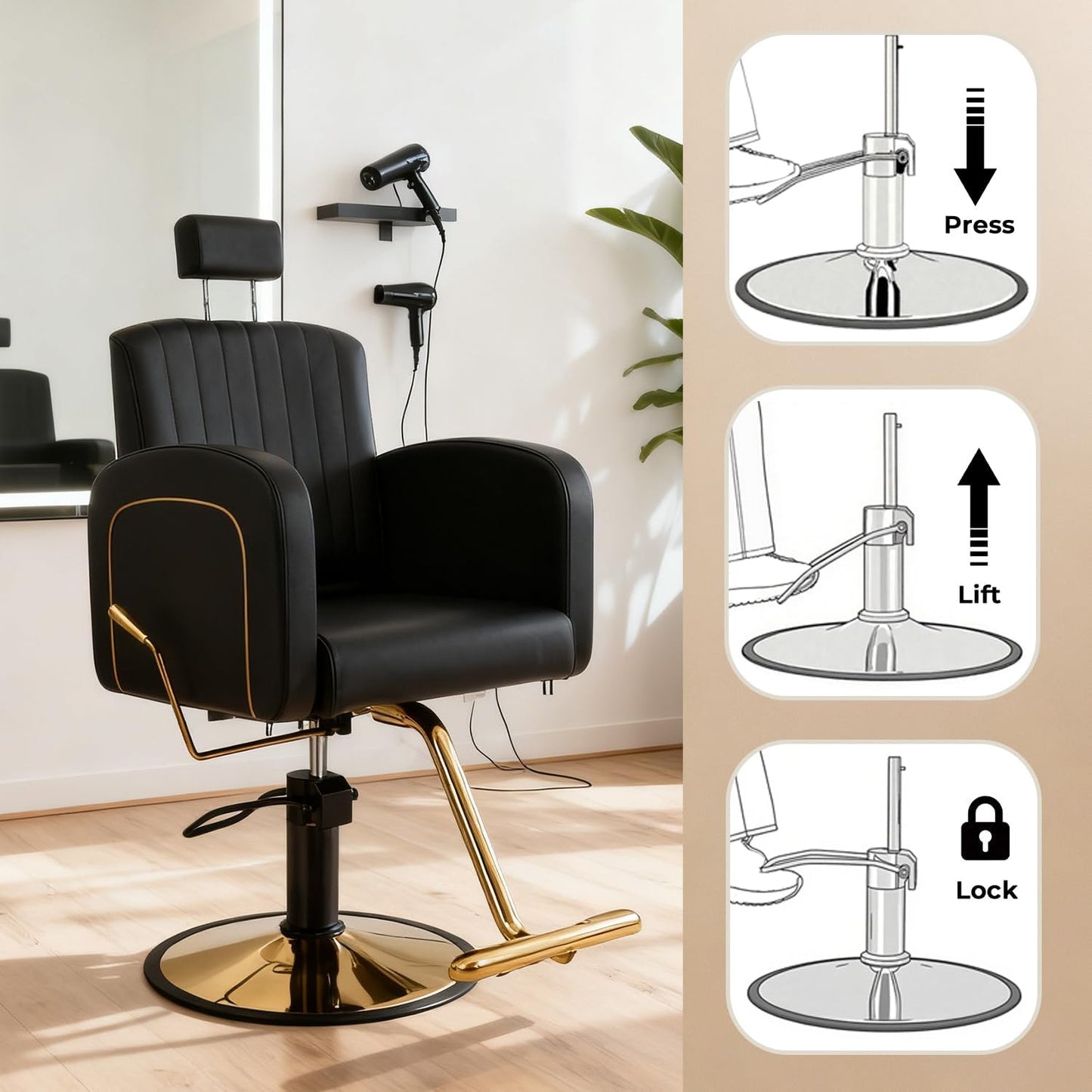 Reclining Salon Barber Chair - Black & Gold Heavy Duty Hydraulic with Adjustable Backrest | Supports 330 lbs, 360° Swivel