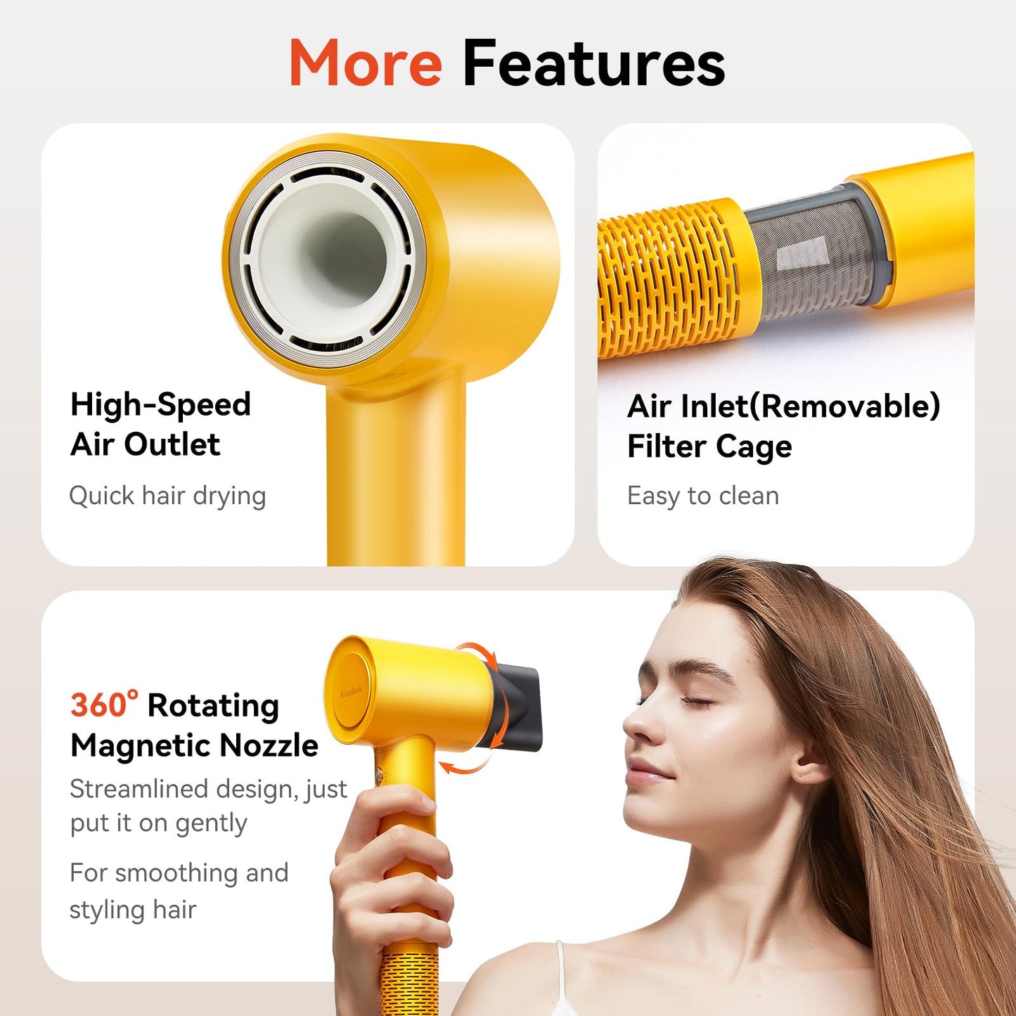 Rizzdeek Blow Dryer 500Million 1627W Ion Hair Dryer LifetimeWarranty,Yellow