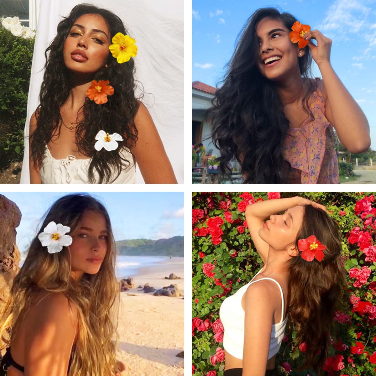 Hawaiian Flower Hair Clips - 4 Pcs Plumeria & Hibiscus Barrettes | 3.5 Inch Artificial Floral Accessories for Beach & Wedding