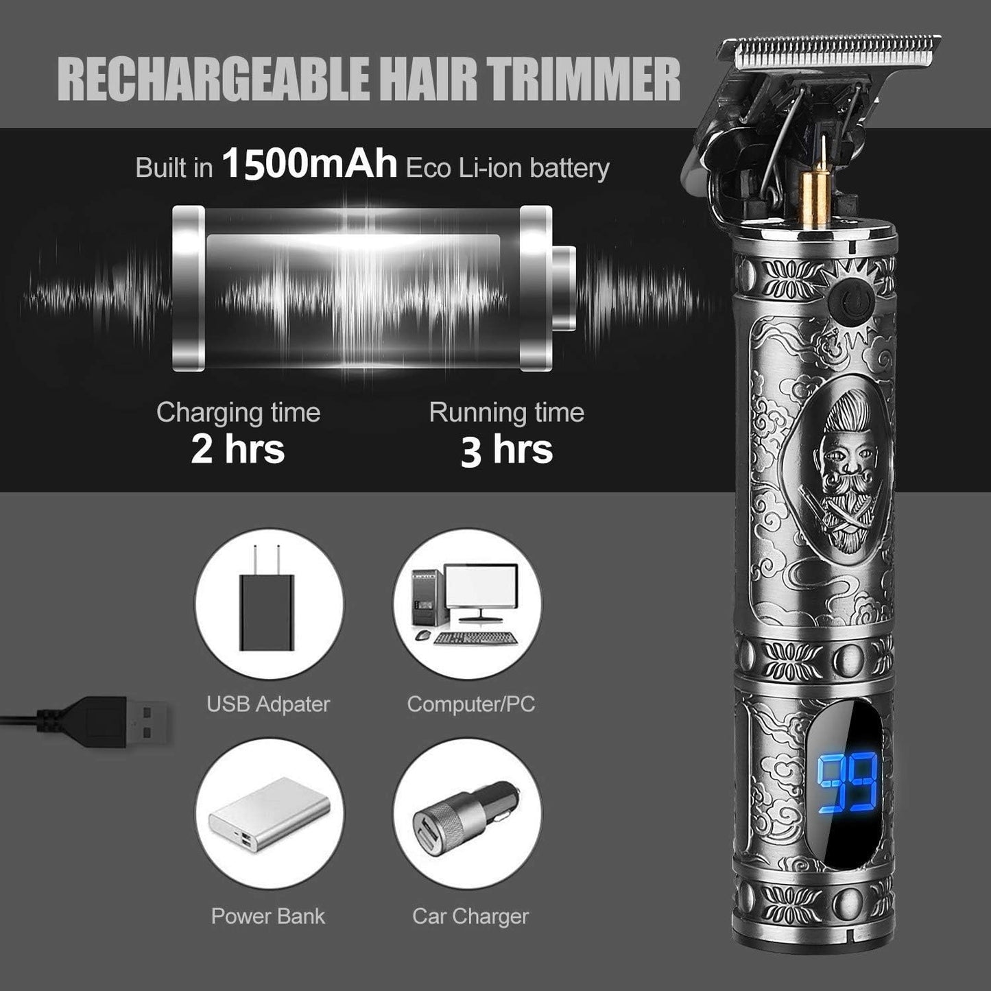 Professional Zero Gapped Hair Clippers - Waterproof Cordless T-Blade Trimmer for Men | Gray Knight