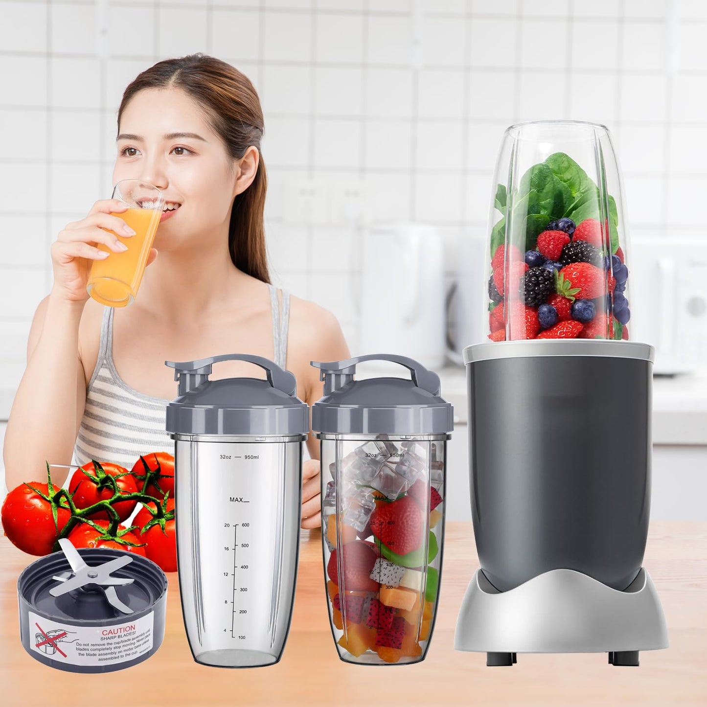 For nutribullet Blender Cups & Blade Replacement Set 32oz Huge Cup with 2 Flip-Top To-Go Lid and 1 Lid Ring Handle, Extractor Blade Replacement Blender Parts for NutriBullet 600w/900w Blender