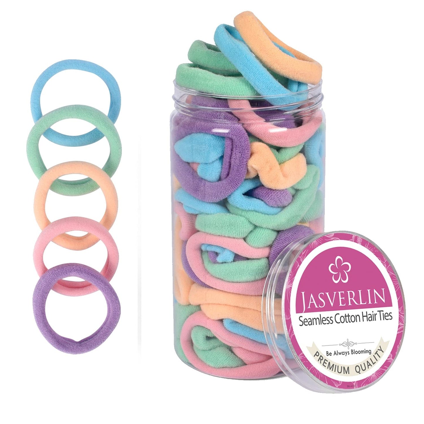 JASVERLIN Seamless Cotton Hair Ties - 100 Pcs Thick No-Damage Ponytail Holders | 1.5 Inch, 5 Colors