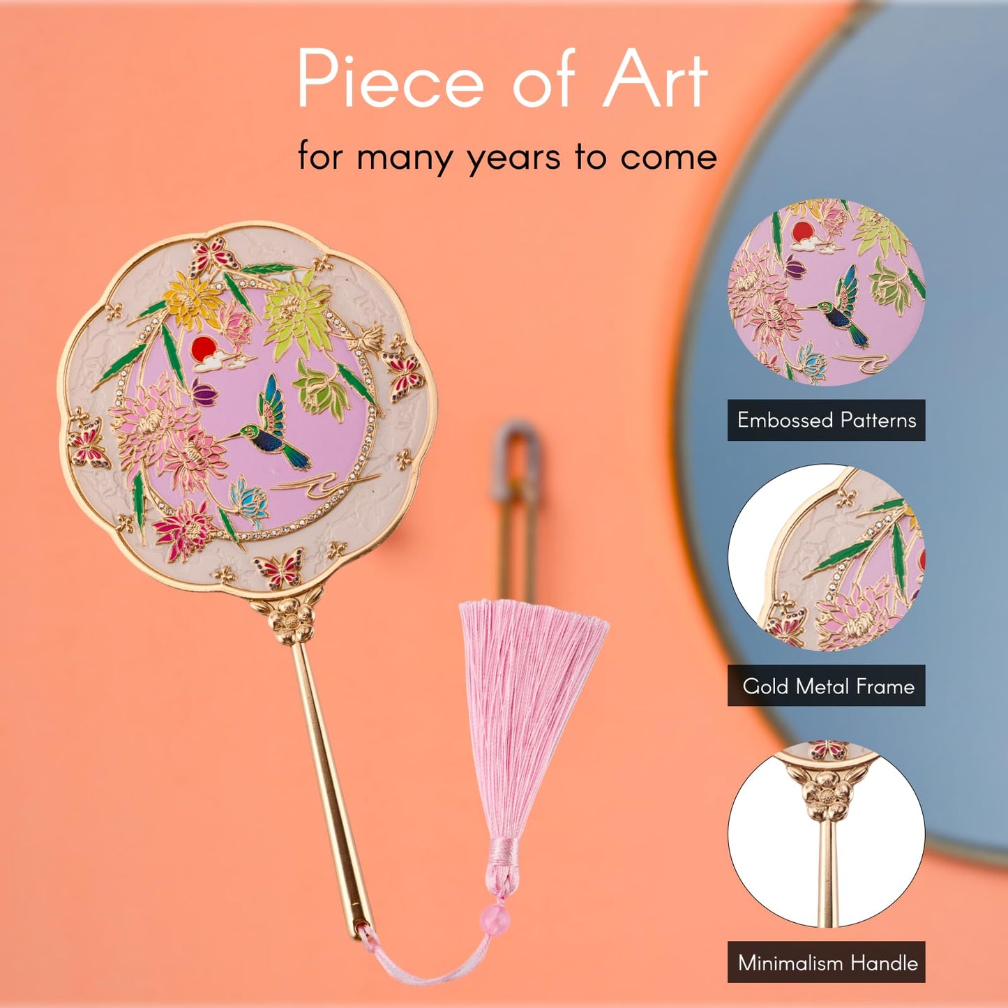 Dsgvw Hand Mirror, Handheld Mirror with Hummingbird Embossed Patterns, Elegant Metal Hand Craft Makeup Mirror, Beautiful Gift Value, Compact and Portable (Hummingbird Gold)