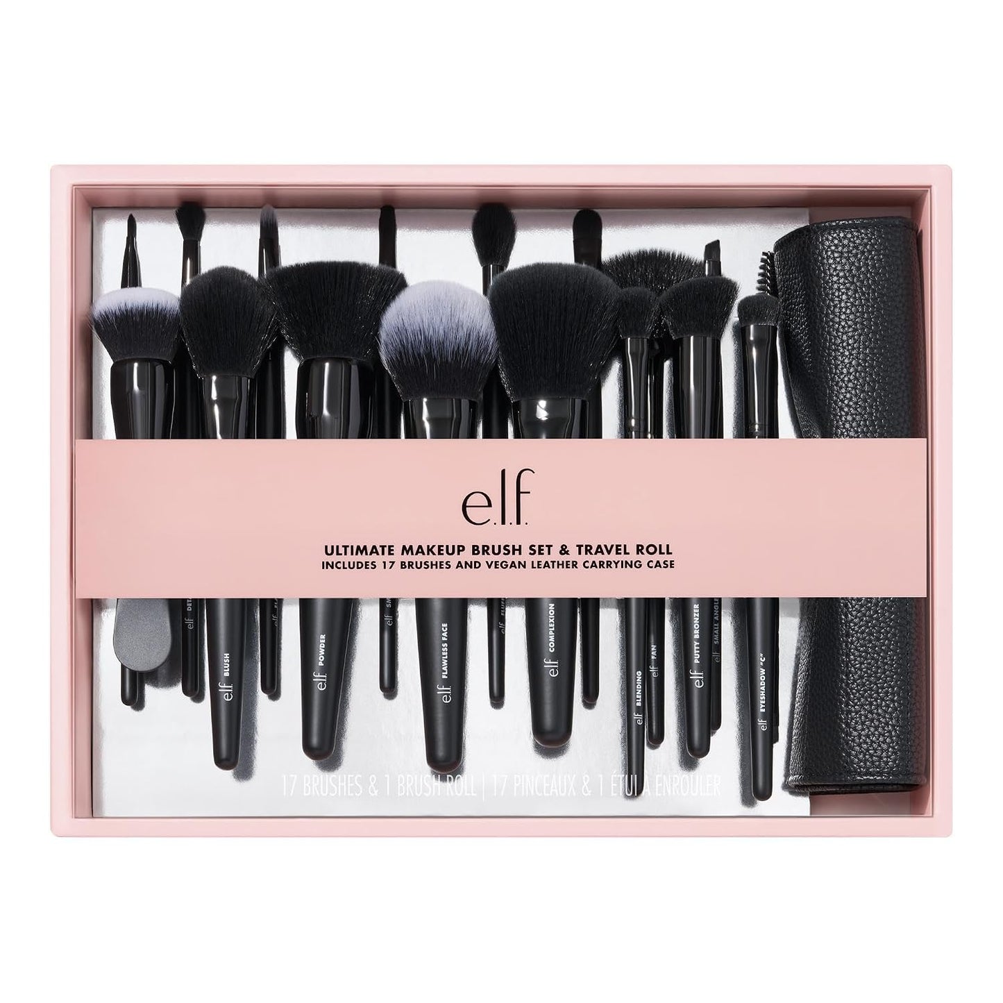 e.l.f. Ultimate Makeup Brush Set - 17-Piece Vegan Brush Kit for Eyeshadow, Foundation & Concealer | Travel Roll Included