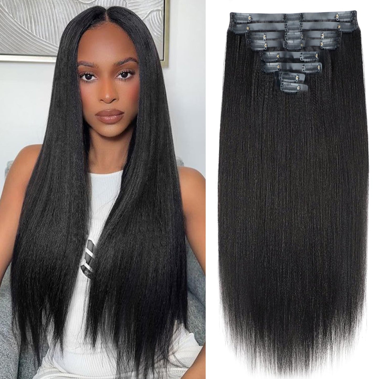 Mihugass Yaki Straight Human Hair Clip Ins Real Human Hair PU Seamless Clip Ins Natural Blend Low Shine Soft Full Hair Extensions for Black Women 22 Inch 8Pcs 120 Grams