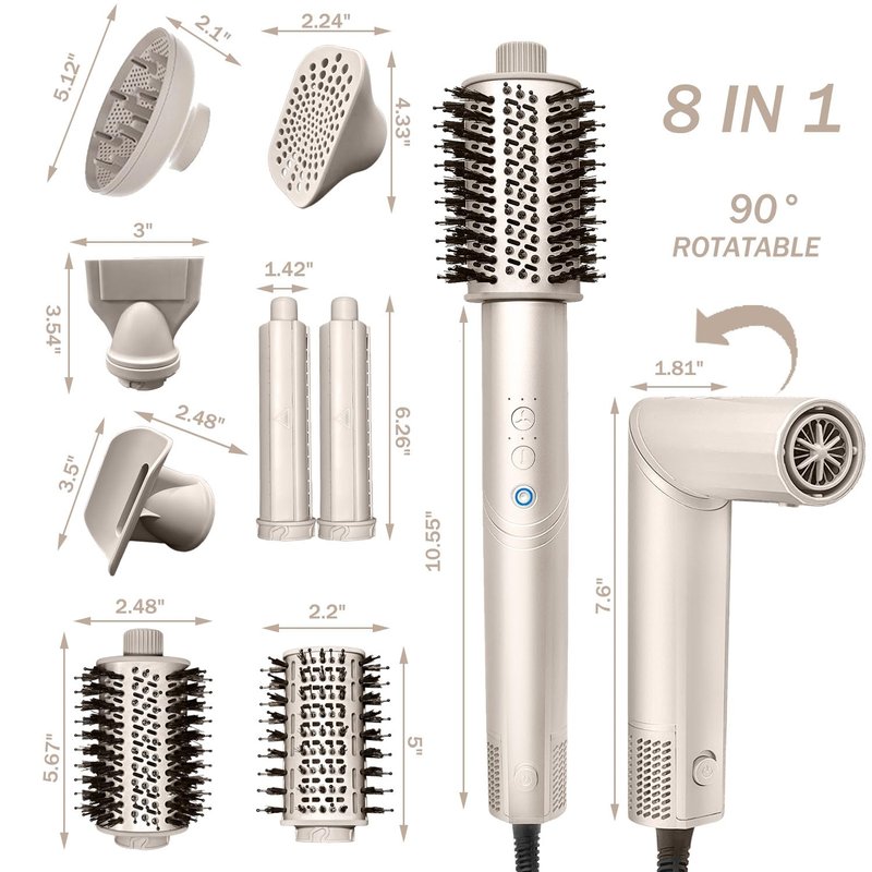 8 in 1 Hair Dryer Brush and Blow Dryer, Hot Hair Styler with 110,000 RPM High-Speed Negative Ion, Automatic Curling Iron, Thermal Hair Brush for Fast Drying Straightening Curling Voluming (Champagne)