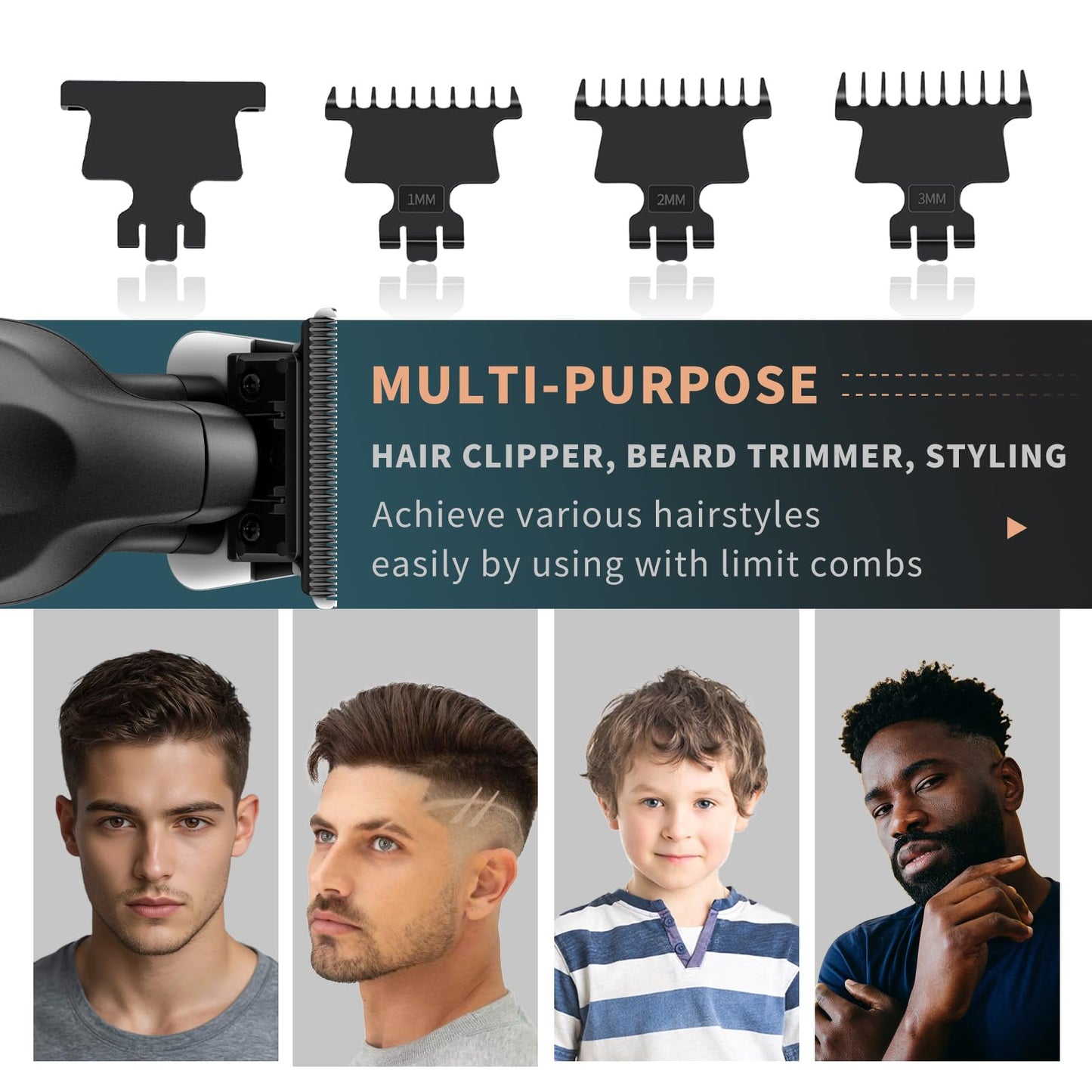 KEMEI Hair/Beard Trimmer for Men, Cordless Professional Hair Clippers for Hair Cutting with LED Display, T-Blade Barber Clippers with Charging Base, KM-PG2499 Black