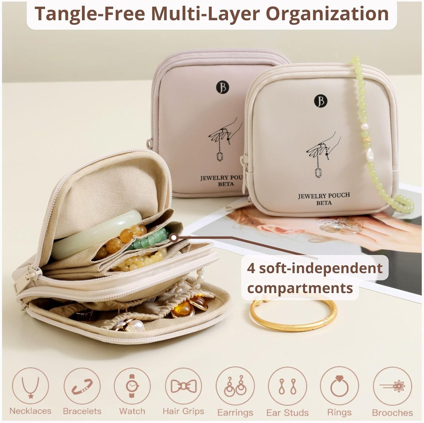 Travel Jewelry Case - Tangle-Free Waterproof Organizer for Women | Beige Double Zipper Gift Box