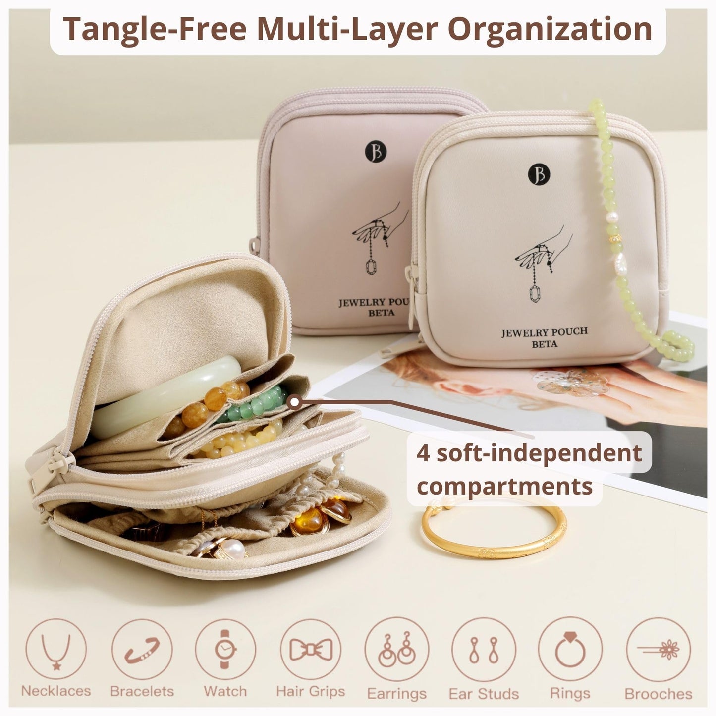 tianzong Small Travel Jewelry Case, Gift for Women, Tangle-Free Jewelry Pouch Bag with Gift Box, Waterproof PU Jewelry Organizer for Valuables (Pink, Double Zipper)