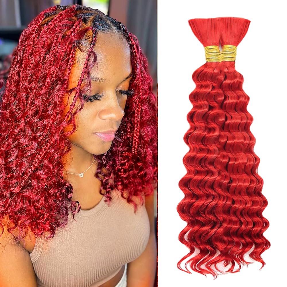 Red Boho Human Hair 14 Inch 2 Bundles 110g Same Length Red Human Braiding Hair for Boho Braids Hair Extensions No Weft 2 Braids Wet and Wavy Braiding Human Hair