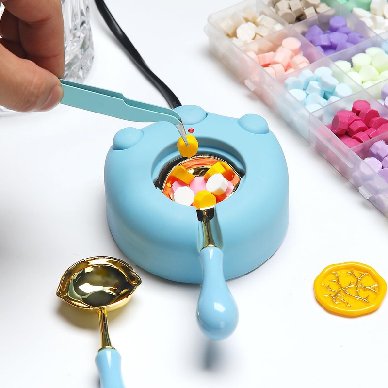 Electric Wax Seal Warmer, Atopbb Wax Sealing Melter with 2pcs Spoons, Tweezers, Great Melting Furnace Kit Fast Melting Wax Seal Bedas for Envelope Stamp Seals Craft, Black (Blue)