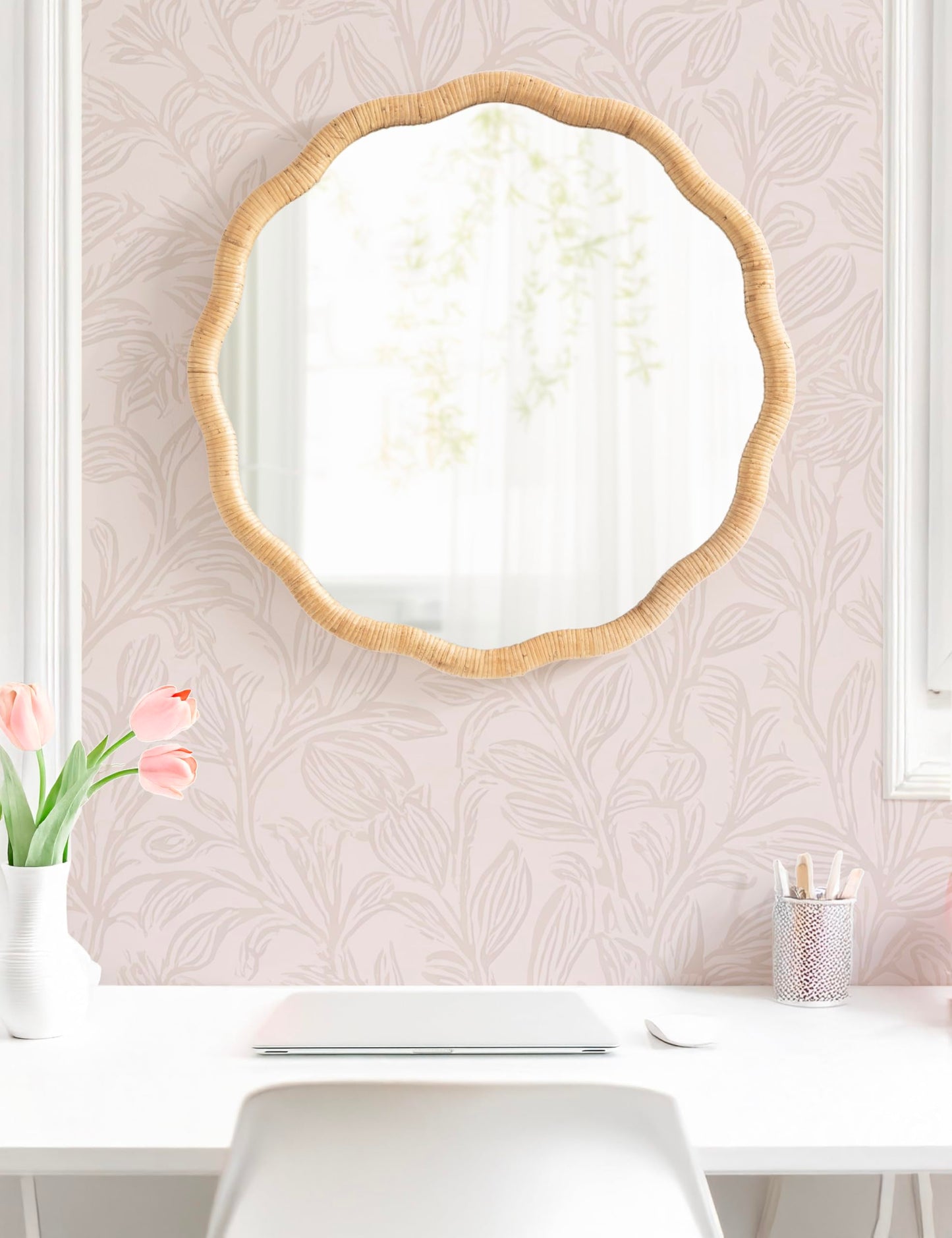 Kate and Laurel Rahfy Boho Scalloped Round Rattan Mirror; 26 Inch Diameter; Natural Wood; Decorative Round Wavy Mirror with Authentic Rattan Frame for Boho Wall Decor