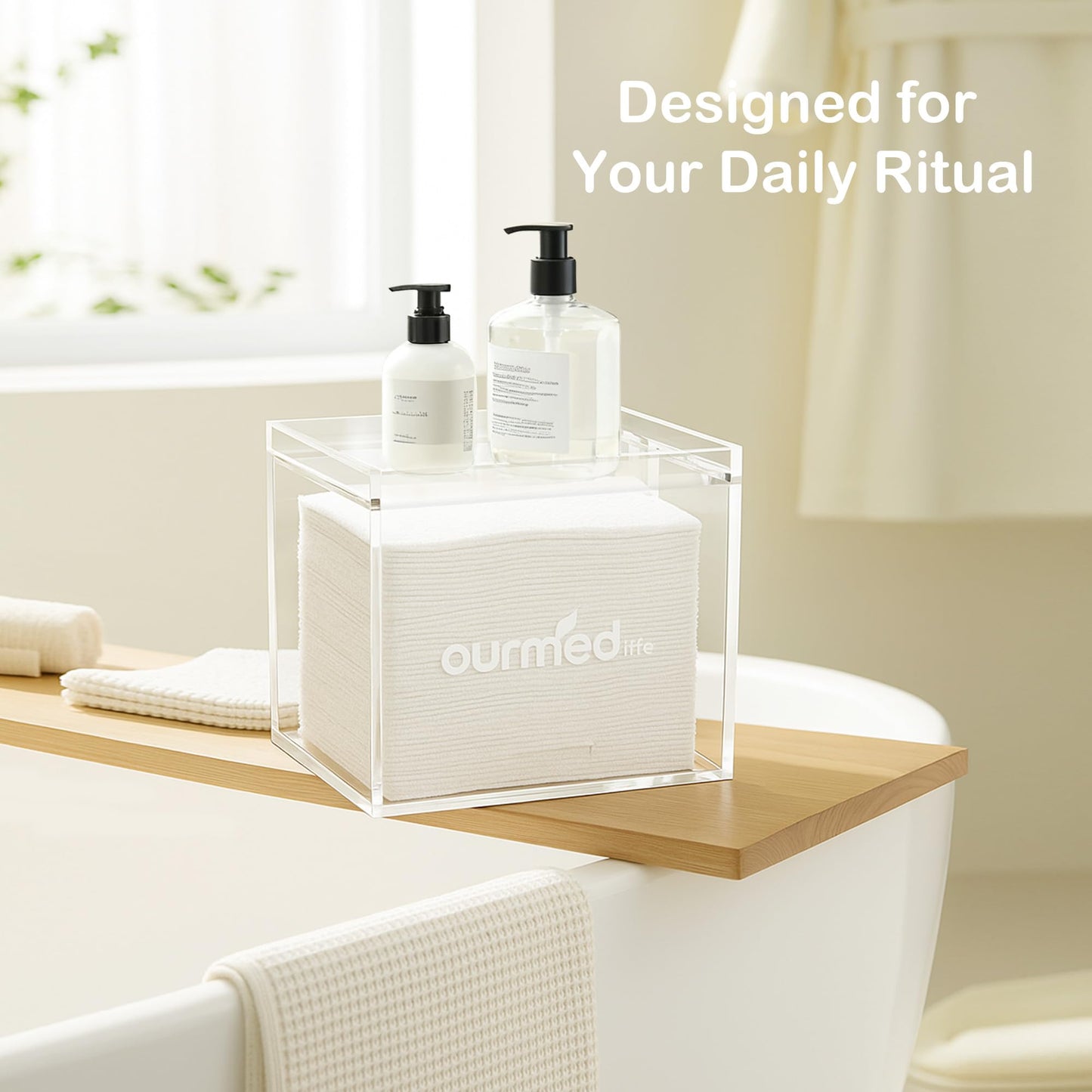 Ourmed Life Clear Acrylic Face Towel Holder, Organizer Box for Bathroom Countertop Storage, Disposable Face Towels Container and Face Towel Clear Box with 50 Count Clean Facial Towels Included