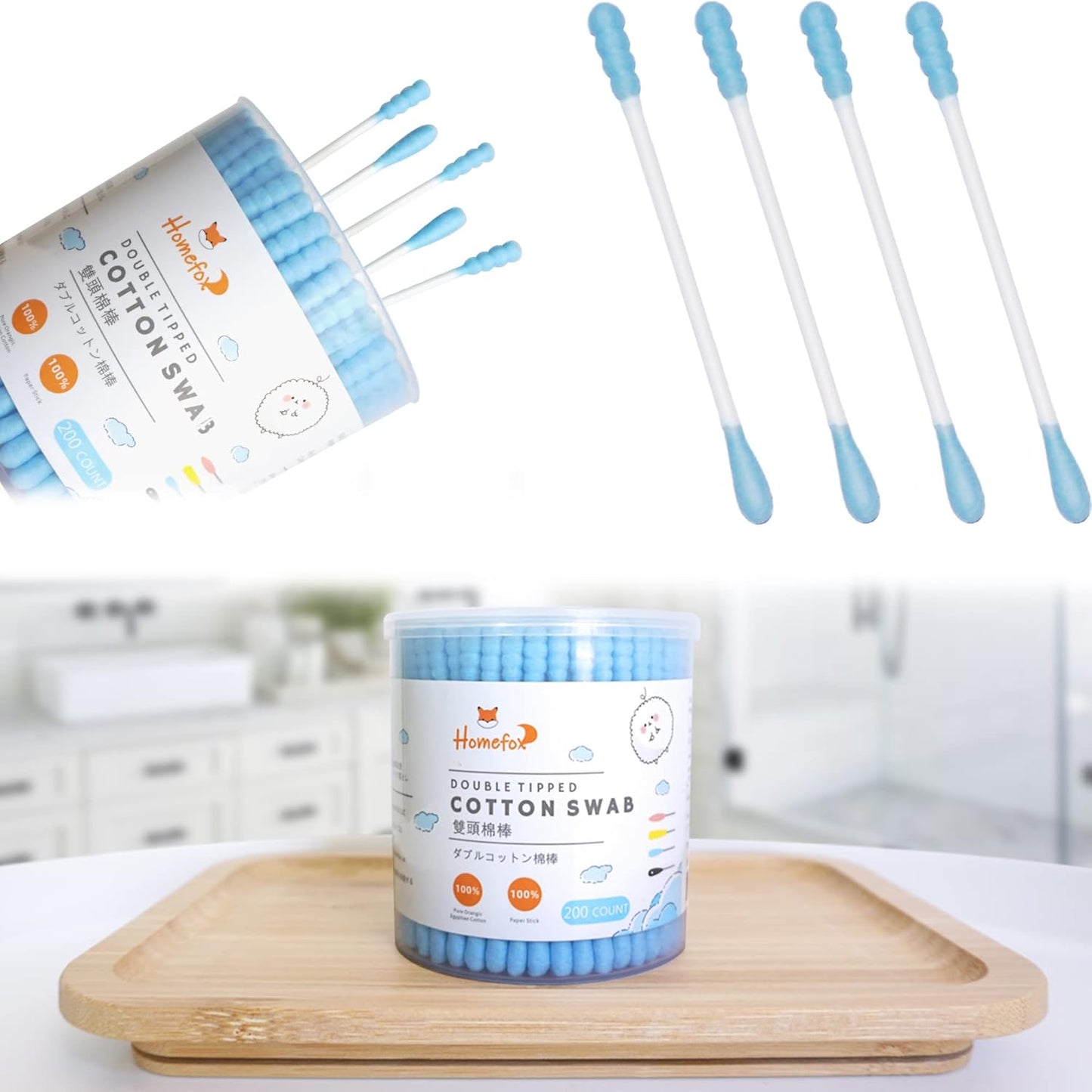 Black Cotton Swabs - 200 Count Organic Spiral Cotton Buds | Soft, Lint-Free Charcoal Tips