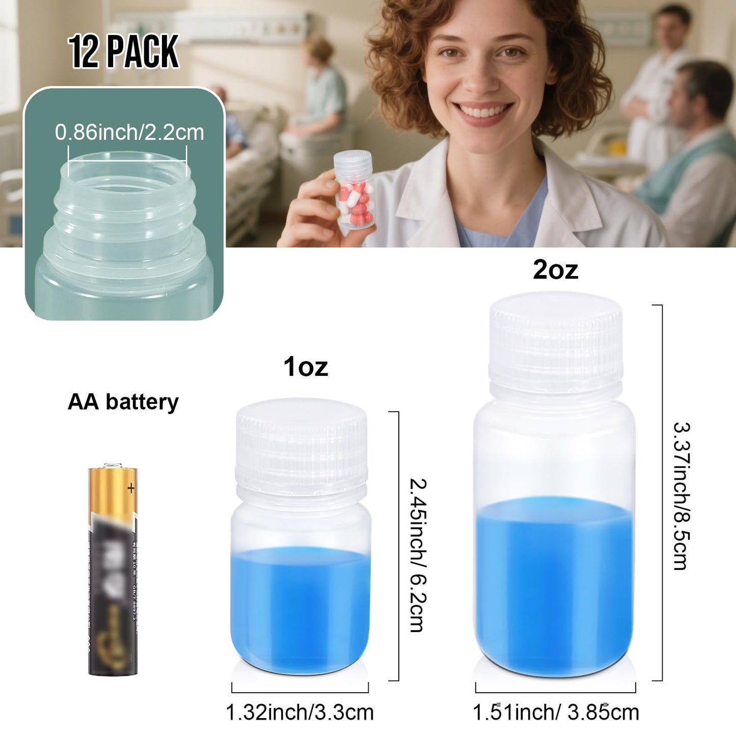 UMETASS 12 Pack 1oz Plastic Bottles with Lids - Wide Mouth BPA-Free Leak-Proof Sample Containers for Lab Reagents, Pills, Cosmetics, Travel Toiletries & Essential Oils Storage (Transparent, 1OZ/30ML)