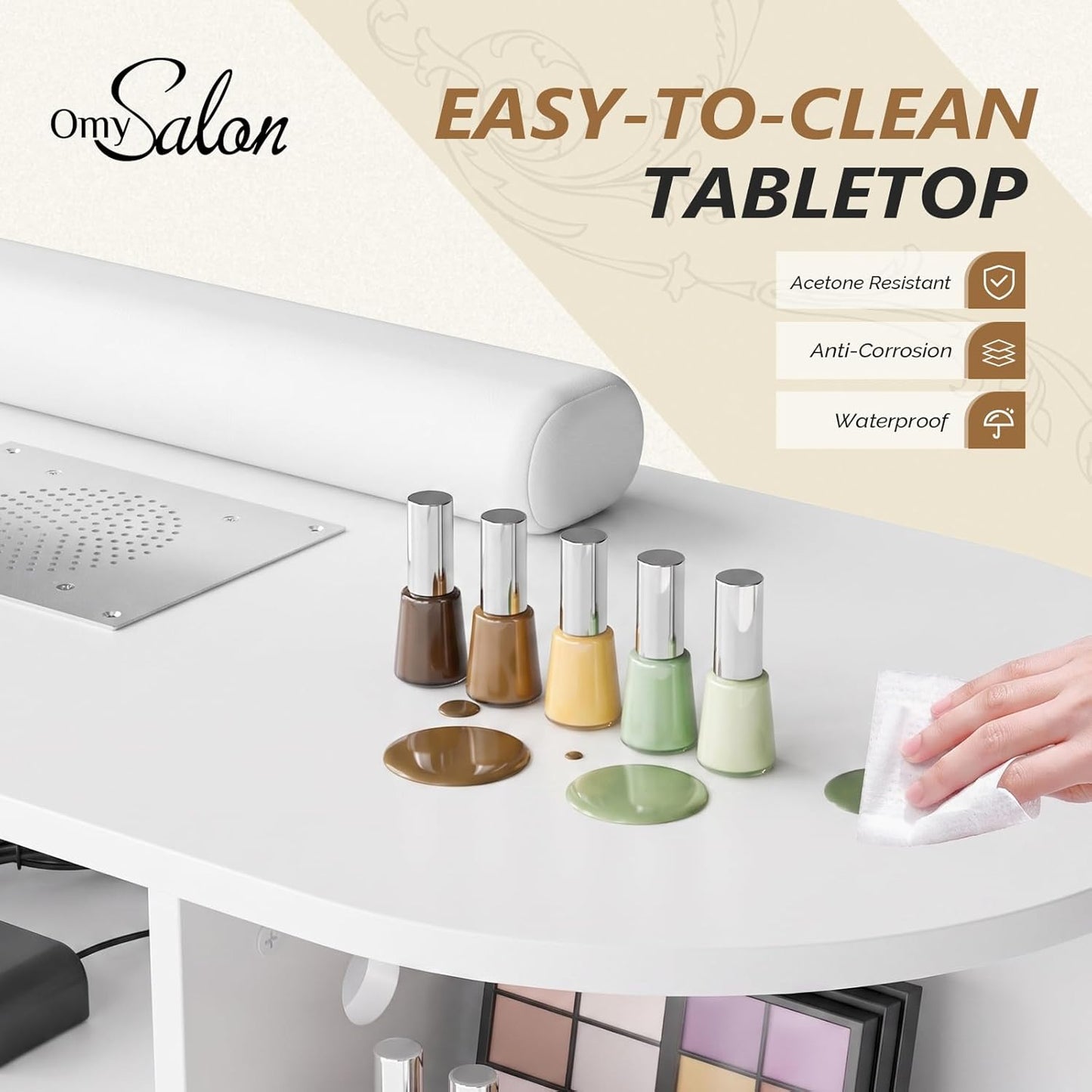 OmySalon Nail Desk - Electric Dust Collector Manicure Table | Rattan Professional Salon Station with Storage Drawers & Acetone Resistant Surface (White)
