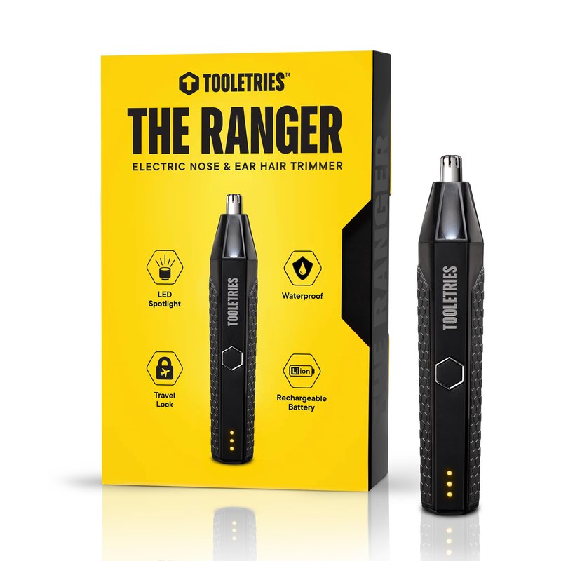TOOLETRIES The Ranger - Electric Nose & Ear Hair Trimmer for Men, Wet/Dry Nose Clippers with Stainless Steel Blades, Waterproof, Rechargeable Li-Ion Battery, LED Spotlight, Travel Lock - Black