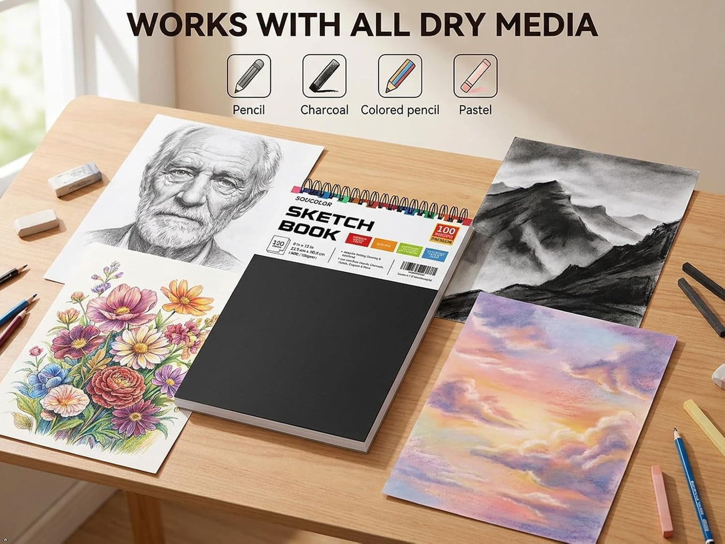 Soucolor Sketch Book - 9" x 12" Top Spiral Bound, 100 Sheets Acid-Free Drawing Paper | Ideal for Kids, Adults & Artists
