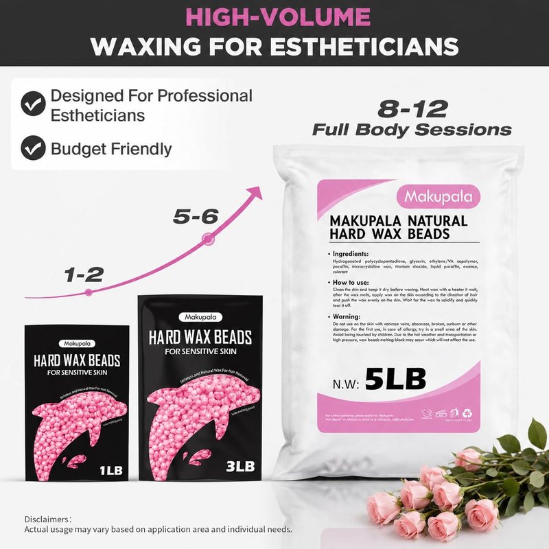 Makupala Wax Beads, 1lb Unscented Waxing Beads for Sensitive Skin, Coarse Hair Removal, Bikini, Brazilian Waxing, Body, Back, Leg, Underarms, Facial, at Home Refill Natural Wax beans for Women Men