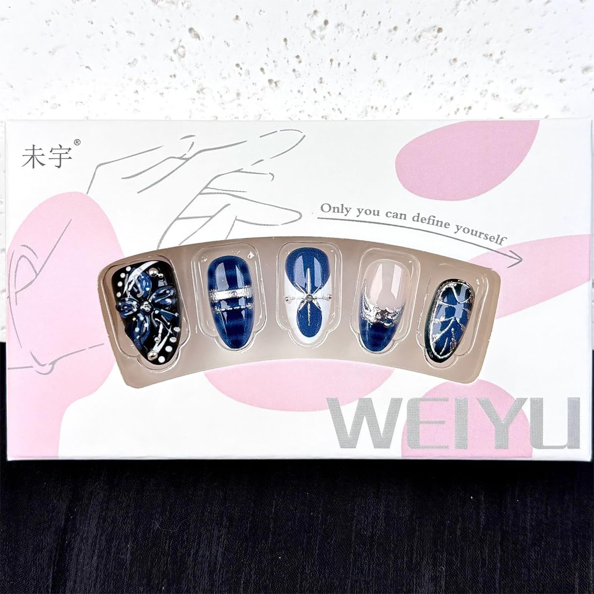 Blue Flower Press-On Nails - 30 Pcs Medium Almond Acrylic with 3D Rhinestones | Y2K French Tip Design
