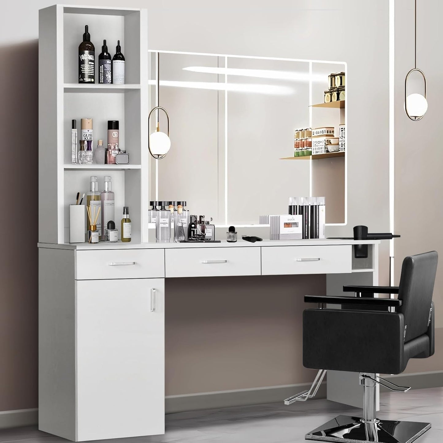 Salon Stations for Hair Stylists - Black Barber Station with 3 Hair Dryer Holders, 3 Drawers & Cabinet | Modern Design