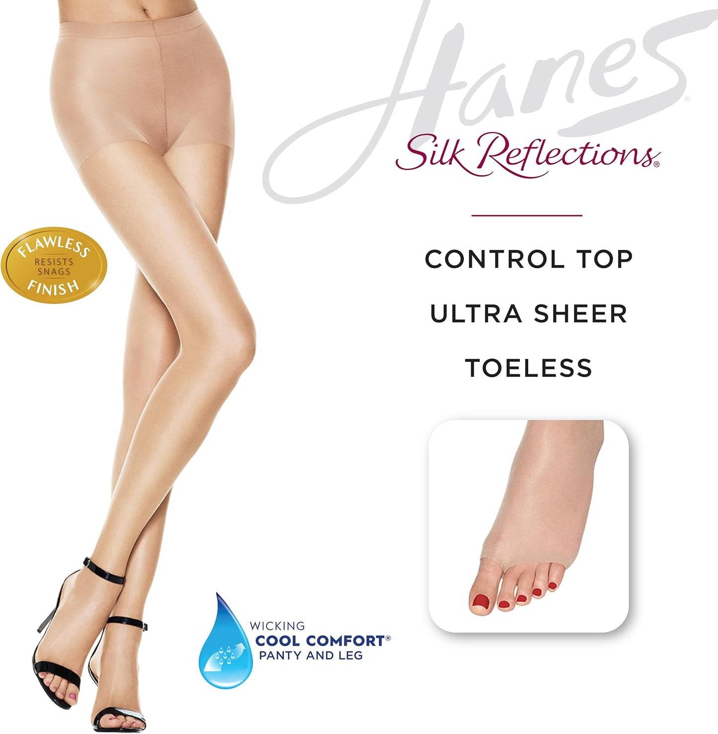 Hanes Women's Control Top Toeless Ultra Sheer Pantyhose - Run-Resist, Comfortable Fit