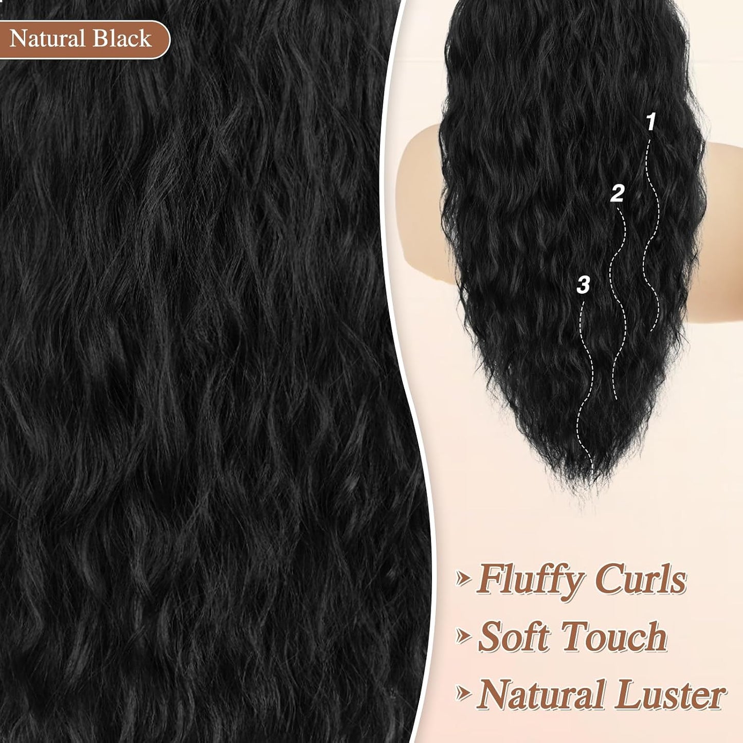 22 Inch Black Curly Wavy Drawstring Ponytail Extension - Synthetic Clip-In Hairpiece for Voluminous Bohemian Style