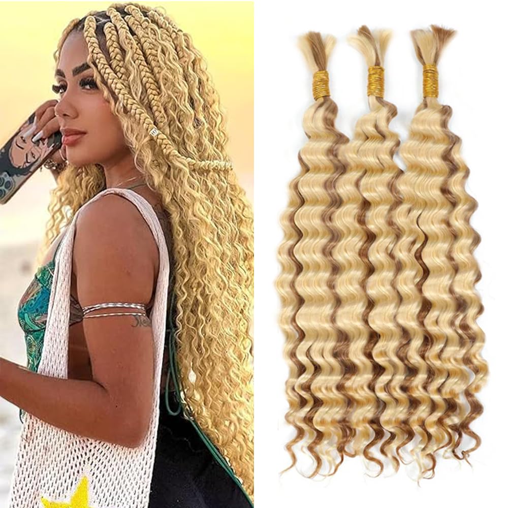 LadrXadr 613 Boho Human Hair Braiding 27/613 Blonde Boho Human Hair For Braiding Color 613 Highlight Blonde Deep Curly Wave Braids Ombre Color 613 Braids 12 12 12 Inch
