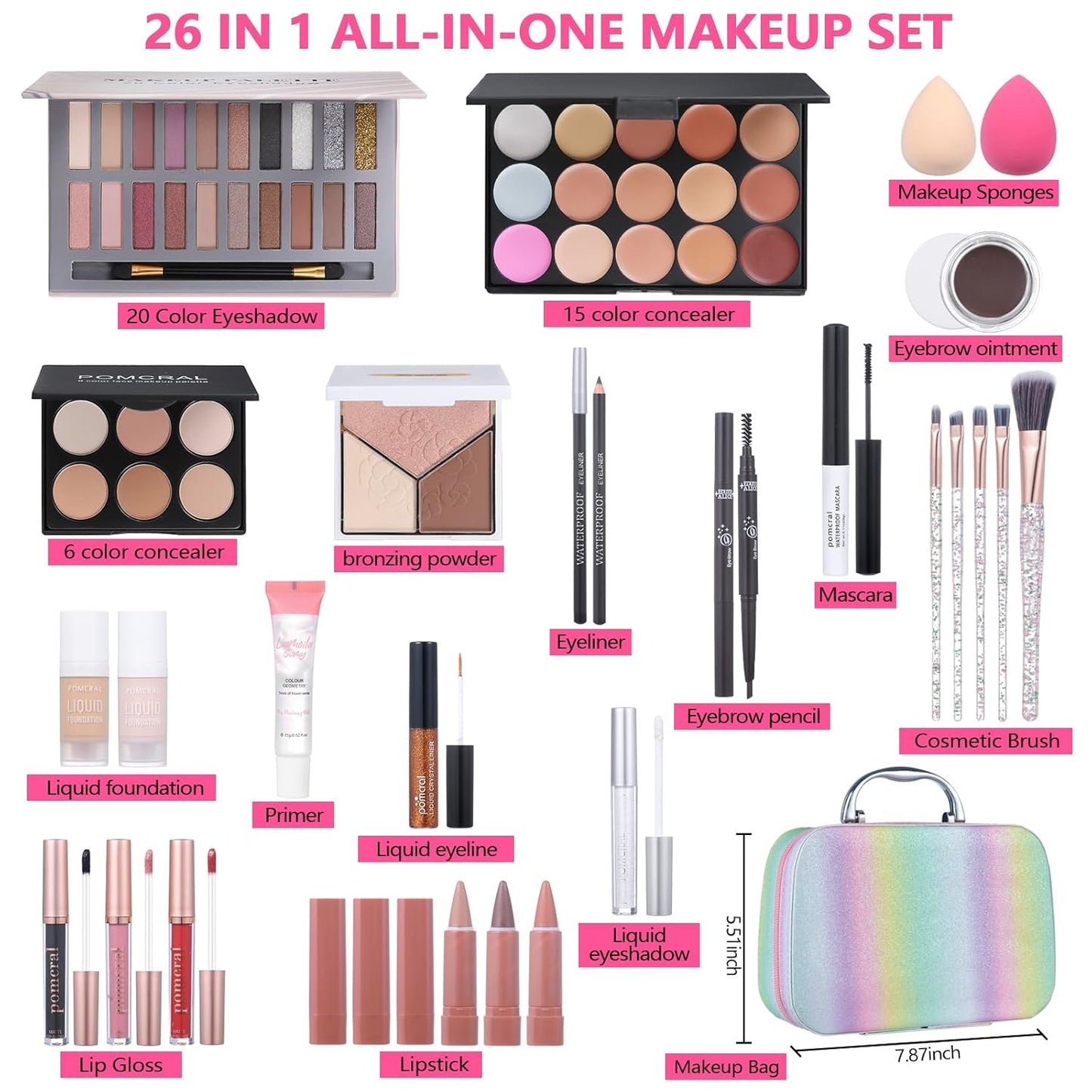 Makeup Kit for Women - Complete 20-Color Set with Eyeshadow Palette, Foundation, Concealer, Lipstick & Brushes | Perfect Gift for Teens