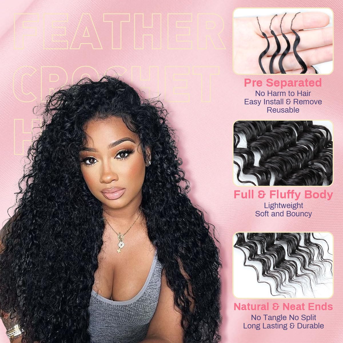 Aooffut Feather Crochet Hair Extensions for Women 18 Inch 100 Strands Miracle Knots Hair Pre-Separated Invisible Human Hair Blend Synthetic Curly Deep Wave Crochet Hair(100strands Black)